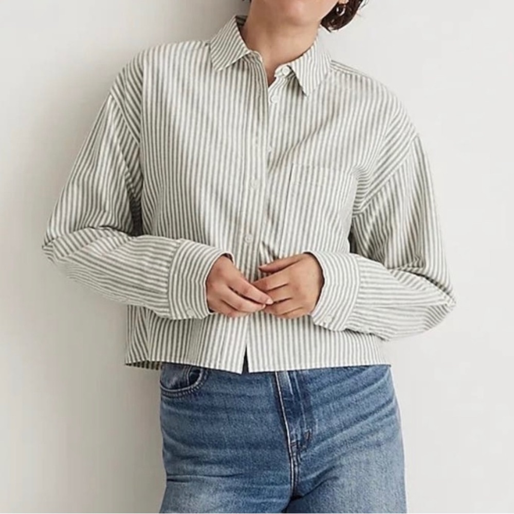 Madewell Signature Oxford Crop oversize button down shirt green/white Size XS